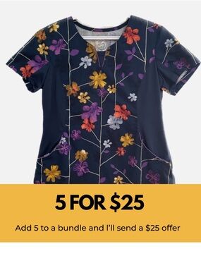 Health Pro navy floral scrub top with stretch side panels.